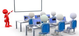 Teacher lecturing to several students, with notebooks